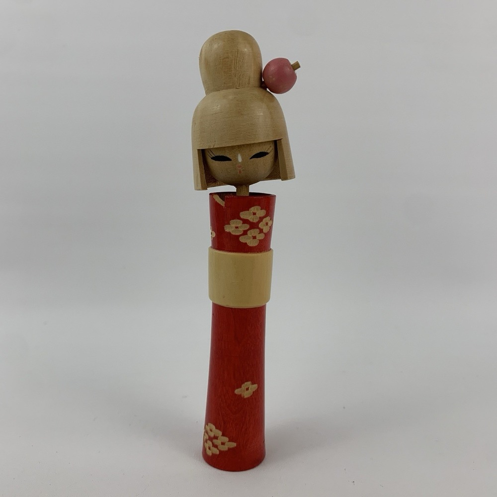 Japanese Kokeshi Carved Wooden Doll with Bob Hair and Red Dress 5.75" Signed